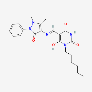 molecular formula C22H27N5O4 B1210221 5-[[(1,5-Dimethyl-3-oxo-2-phenyl-4-pyrazolyl)amino]methylidene]-1-hexyl-1,3-diazinane-2,4,6-trione 