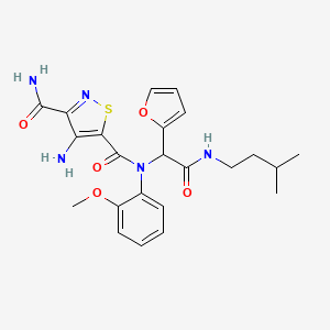 molecular formula C23H27N5O5S B1210558 4-amino-N5-[1-(2-furanyl)-2-(3-methylbutylamino)-2-oxoethyl]-N5-(2-methoxyphenyl)isothiazole-3,5-dicarboxamide 