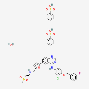 molecular formula C41H40ClFN4O11S3 B1210716 Benzenesulfonic acid;N-[3-chloro-4-[(3-fluorophenyl)methoxy]phenyl]-6-[5-[(2-methylsulfonylethylamino)methyl]furan-2-yl]quinazolin-4-amine;hydrate 