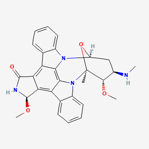 molecular formula C29H28N4O4 B1210799 8,14-Dimethoxy-9-methyl-7-(methylamino)-6,7,8,9-tetrahydro-5H,14H-5,9-epoxy-4b,9a,15-triazadibenzo[b,h]cyclonona[1,2,3,4-jkl]cyclopenta[e]-as-indacen-16-ol 