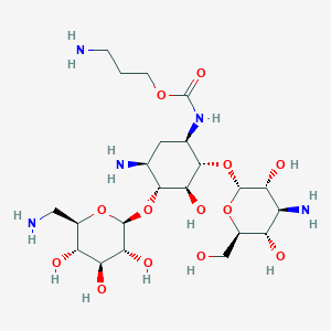 molecular formula C22H43N5O13 B1210893 3-aminopropyl N-[(1R,2S,3S,4R,5S)-5-amino-2-[(2S,3R,4S,5S,6R)-4-amino-3,5-dihydroxy-6-(hydroxymethyl)oxan-2-yl]oxy-4-[(2S,3R,4S,5S,6R)-6-(aminomethyl)-3,4,5-trihydroxyoxan-2-yl]oxy-3-hydroxycyclohexyl]carbamate CAS No. 77987-52-1
