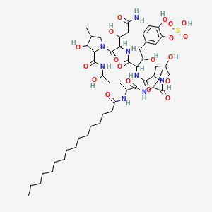 molecular formula C51H82N8O19S B1210929 [5-[2-[3-(3-Amino-1-hydroxy-3-oxopropyl)-18-(hexadecanoylamino)-11,21,25-trihydroxy-15-(1-hydroxyethyl)-26-methyl-2,5,8,14,17,23-hexaoxo-1,4,7,13,16,22-hexazatricyclo[22.3.0.09,13]heptacosan-6-yl]-2-hydroxyethyl]-2-hydroxyphenyl] hydrogen sulfate 