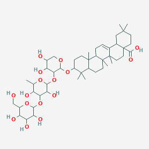 molecular formula C47H76O16 B12110236 10-[3-[3,5-dihydroxy-6-methyl-4-[3,4,5-trihydroxy-6-(hydroxymethyl)oxan-2-yl]oxyoxan-2-yl]oxy-4,5-dihydroxyoxan-2-yl]oxy-2,2,6a,6b,9,9,12a-heptamethyl-1,3,4,5,6,6a,7,8,8a,10,11,12,13,14b-tetradecahydropicene-4a-carboxylic acid 