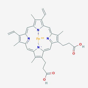 molecular formula C34H32FeN4O4 B012111 3-[18-(2-Carboxyethyl)-8,13-bis(ethenyl)-3,7,12,17-tetramethylporphyrin-21,23-diid-2-yl]propanoic acid;iron(2+) CAS No. 102087-07-0