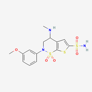 molecular formula C14H17N3O5S3 B12113136 2-(3-Methoxyphenyl)-4-(methylamino)-1,1-dioxo-1,2,3,4-tetrahydro-1lambda~6~-thieno[3,2-e][1,2]thiazine-6-sulfonamide CAS No. 933766-92-8