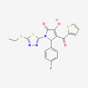 molecular formula C19H14FN3O3S3 B12114153 (4E)-1-[5-(ethylsulfanyl)-1,3,4-thiadiazol-2-yl]-5-(4-fluorophenyl)-4-[hydroxy(thiophen-2-yl)methylidene]pyrrolidine-2,3-dione 