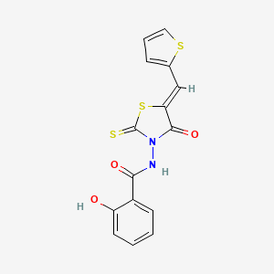 molecular formula C15H10N2O3S3 B12115393 2-hydroxy-N-[(5Z)-4-oxo-5-(thiophen-2-ylmethylidene)-2-thioxo-1,3-thiazolidin-3-yl]benzamide 