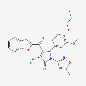 molecular formula C27H24N2O7 B12119113 (4E)-4-[1-benzofuran-2-yl(hydroxy)methylidene]-5-(3-methoxy-4-propoxyphenyl)-1-(5-methyl-1,2-oxazol-3-yl)pyrrolidine-2,3-dione 