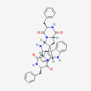 molecular formula C40H36N6O4 B1212001 (1R,4S,7S,9R)-4-benzyl-9-[(1R,4S,7S,9R)-4-benzyl-3,6-dioxo-2,5,16-triazatetracyclo[7.7.0.02,7.010,15]hexadeca-10,12,14-trien-9-yl]-2,5,16-triazatetracyclo[7.7.0.02,7.010,15]hexadeca-10,12,14-triene-3,6-dione CAS No. 150881-27-9