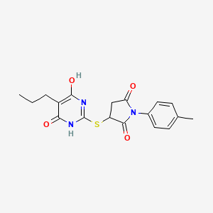 molecular formula C18H19N3O4S B12120028 3-[(4,6-Dihydroxy-5-propylpyrimidin-2-yl)sulfanyl]-1-(4-methylphenyl)pyrrolidine-2,5-dione 