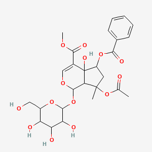 molecular formula C26H32O14 B12120620 Methyl 7-acetyloxy-5-benzoyloxy-4a-hydroxy-7-methyl-1-[3,4,5-trihydroxy-6-(hydroxymethyl)oxan-2-yl]oxy-1,5,6,7a-tetrahydrocyclopenta[c]pyran-4-carboxylate 