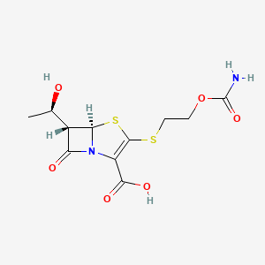 molecular formula C11H14N2O6S2 B1212242 (5R,6S)-3-(2-carbamoyloxyethylsulfanyl)-6-[(1R)-1-hydroxyethyl]-7-oxo-4-thia-1-azabicyclo[3.2.0]hept-2-ene-2-carboxylic acid CAS No. 95415-91-1