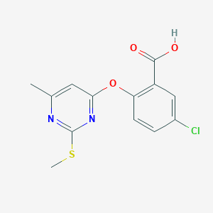 molecular formula C13H11ClN2O3S B12122807 Benzoic acid, 5-chloro-2-[[6-methyl-2-(methylthio)-4-pyrimidinyl]oxy]- CAS No. 927989-63-7