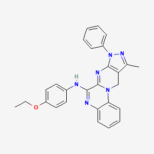 molecular formula C27H24N6O B12122907 N-(4-ethoxyphenyl)-15-methyl-13-phenyl-1,8,11,13,14-pentaazatetracyclo[8.7.0.0^{2,7}.0^{12,16}]heptadeca-2(7),3,5,8,10,12(16),14-heptaen-9-amine 