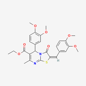 molecular formula C27H28N2O7S B12124161 Ethyl 5-(3,4-dimethoxyphenyl)-2-[(3,4-dimethoxyphenyl)methylene]-7-methyl-3-ox o-4,5-dihydro-1,3-thiazolidino[3,2-a]pyrimidine-6-carboxylate 