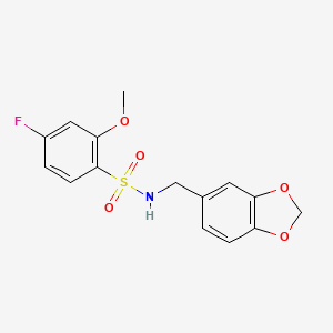 molecular formula C15H14FNO5S B12126807 N-(1,3-benzodioxol-5-ylmethyl)-4-fluoro-2-methoxybenzenesulfonamide 