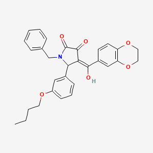 molecular formula C30H29NO6 B12127175 (4E)-1-benzyl-5-(3-butoxyphenyl)-4-[2,3-dihydro-1,4-benzodioxin-6-yl(hydroxy)methylidene]pyrrolidine-2,3-dione 