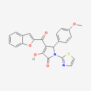 molecular formula C23H16N2O5S B12127192 (4E)-4-[1-benzofuran-2-yl(hydroxy)methylidene]-5-(4-methoxyphenyl)-1-(1,3-thiazol-2-yl)pyrrolidine-2,3-dione 