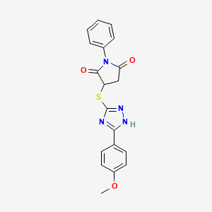 molecular formula C19H16N4O3S B12127889 3-{[5-(4-methoxyphenyl)-4H-1,2,4-triazol-3-yl]sulfanyl}-1-phenylpyrrolidine-2,5-dione 