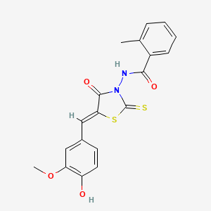 molecular formula C19H16N2O4S2 B12128120 N-[(5Z)-5-(4-hydroxy-3-methoxybenzylidene)-4-oxo-2-thioxo-1,3-thiazolidin-3-yl]-2-methylbenzamide 