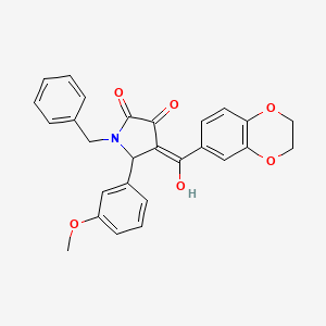 molecular formula C27H23NO6 B12128285 (4E)-1-benzyl-4-[2,3-dihydro-1,4-benzodioxin-6-yl(hydroxy)methylidene]-5-(3-methoxyphenyl)pyrrolidine-2,3-dione 