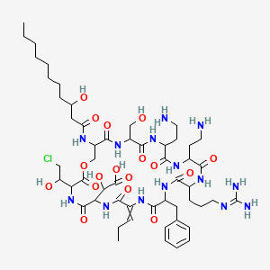 2-[18,21-Bis(2-aminoethyl)-12-benzyl-3-(2-chloro-1-hydroxyethyl)-15-[3-(diaminomethylideneamino)propyl]-24-(hydroxymethyl)-27-(3-hydroxyundecanoylamino)-2,5,8,11,14,17,20,23,26-nonaoxo-9-propylidene-1-oxa-4,7,10,13,16,19,22,25-octazacyclooctacos-6-yl]-2-hydroxyacetic acid