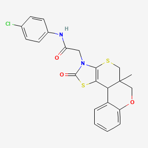 molecular formula C22H19ClN2O3S2 B12128675 N-(4-chlorophenyl)-2-(6a-methyl-10-oxo(7H,11bH-1,3-thiazolino[5',4'-6,5]thiino [3,4-c]chroman-9-yl))acetamide 