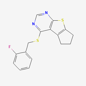 molecular formula C16H13FN2S2 B12128759 12-{[(2-Fluorophenyl)methyl]sulfanyl}-7-thia-9,11-diazatricyclo[6.4.0.0^{2,6}]dodeca-1(12),2(6),8,10-tetraene 
