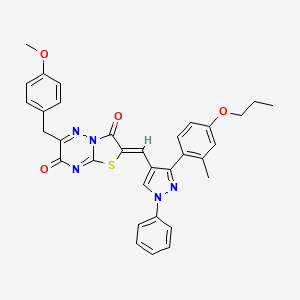 molecular formula C33H29N5O4S B12128941 (2Z)-6-(4-methoxybenzyl)-2-{[3-(2-methyl-4-propoxyphenyl)-1-phenyl-1H-pyrazol-4-yl]methylidene}-7H-[1,3]thiazolo[3,2-b][1,2,4]triazine-3,7(2H)-dione 