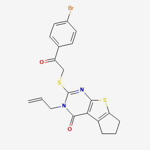 molecular formula C20H17BrN2O2S2 B12129184 10-{[2-(4-Bromophenyl)-2-oxoethyl]sulfanyl}-11-(prop-2-en-1-yl)-7-thia-9,11-diazatricyclo[6.4.0.0^{2,6}]dodeca-1(8),2(6),9-trien-12-one 