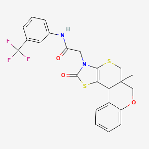 molecular formula C23H19F3N2O3S2 B12129361 2-(10-methyl-15-oxo-8-oxa-12,16-dithia-14-azatetracyclo[8.7.0.02,7.013,17]heptadeca-2,4,6,13(17)-tetraen-14-yl)-N-[3-(trifluoromethyl)phenyl]acetamide 