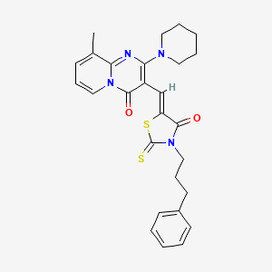 molecular formula C27H28N4O2S2 B12129584 9-methyl-3-{(Z)-[4-oxo-3-(3-phenylpropyl)-2-thioxo-1,3-thiazolidin-5-ylidene]methyl}-2-(piperidin-1-yl)-4H-pyrido[1,2-a]pyrimidin-4-one 