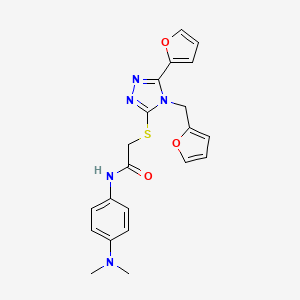 molecular formula C21H21N5O3S B12129672 N-[4-(dimethylamino)phenyl]-2-{[5-(furan-2-yl)-4-(furan-2-ylmethyl)-4H-1,2,4-triazol-3-yl]sulfanyl}acetamide 