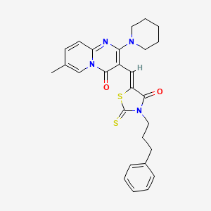 molecular formula C27H28N4O2S2 B12130212 7-methyl-3-{(Z)-[4-oxo-3-(3-phenylpropyl)-2-thioxo-1,3-thiazolidin-5-ylidene]methyl}-2-(piperidin-1-yl)-4H-pyrido[1,2-a]pyrimidin-4-one 