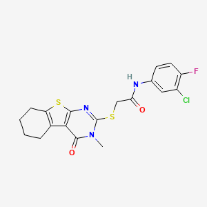 molecular formula C19H17ClFN3O2S2 B12130770 N-(3-chloro-4-fluorophenyl)-2-(3-methyl-4-oxo(3,5,6,7,8-pentahydrobenzo[b]thio pheno[2,3-d]pyrimidin-2-ylthio))acetamide 