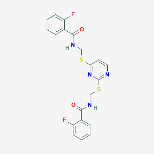 molecular formula C20H16F2N4O2S2 B12130858 N,N'-[pyrimidine-2,4-diylbis(sulfanediylmethanediyl)]bis(2-fluorobenzamide) 