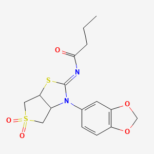 molecular formula C16H18N2O5S2 B12130922 N-[(2Z)-3-(1,3-benzodioxol-5-yl)-5,5-dioxidotetrahydrothieno[3,4-d][1,3]thiazol-2(3H)-ylidene]butanamide 