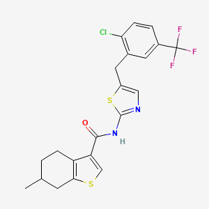 molecular formula C21H18ClF3N2OS2 B12130983 N-{5-[2-chloro-5-(trifluoromethyl)benzyl]-1,3-thiazol-2-yl}-6-methyl-4,5,6,7-tetrahydro-1-benzothiophene-3-carboxamide 