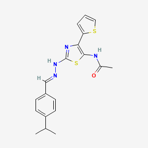 molecular formula C19H20N4OS2 B12131175 N-[2-{(2E)-2-[4-(propan-2-yl)benzylidene]hydrazinyl}-4-(thiophen-2-yl)-1,3-thiazol-5-yl]acetamide 