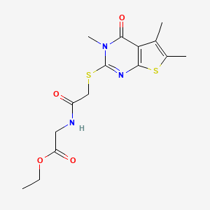 molecular formula C15H19N3O4S2 B12131488 ethyl N-{[(3,5,6-trimethyl-4-oxo-3,4-dihydrothieno[2,3-d]pyrimidin-2-yl)sulfanyl]acetyl}glycinate 