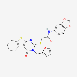 molecular formula C24H21N3O5S2 B12131642 N-(1,3-benzodioxol-5-yl)-2-{[3-(furan-2-ylmethyl)-4-oxo-3,4,5,6,7,8-hexahydro[1]benzothieno[2,3-d]pyrimidin-2-yl]sulfanyl}acetamide 