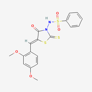 molecular formula C18H16N2O5S3 B12131705 N-[(5Z)-5-[(2,4-dimethoxyphenyl)methylidene]-4-oxo-2-sulfanylidene-1,3-thiazolidin-3-yl]benzenesulfonamide 