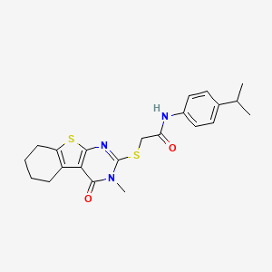 molecular formula C22H25N3O2S2 B12131850 2-[(3-methyl-4-oxo-3,4,5,6,7,8-hexahydro[1]benzothieno[2,3-d]pyrimidin-2-yl)sulfanyl]-N-[4-(propan-2-yl)phenyl]acetamide 