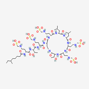 molecular formula C58H110N16O28S5 B1213220 [2-[17-(1-Hydroxyethyl)-22-[[2-[[3-hydroxy-2-[[2-(6-methyloctanoylamino)-4-(sulfomethylamino)butanoyl]amino]butanoyl]amino]-4-(sulfomethylamino)butanoyl]amino]-5,8-bis(2-methylpropyl)-3,6,9,12,15,18,23-heptaoxo-11,14-bis[2-(sulfomethylamino)ethyl]-1,4,7,10,13,16,19-heptazacyclotricos-2-yl]ethylamino]methanesulfonic acid CAS No. 748069-57-0