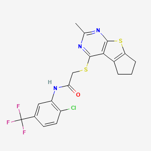 molecular formula C19H15ClF3N3OS2 B12133102 N-[2-chloro-5-(trifluoromethyl)phenyl]-2-({10-methyl-7-thia-9,11-diazatricyclo[6.4.0.0^{2,6}]dodeca-1(8),2(6),9,11-tetraen-12-yl}sulfanyl)acetamide 