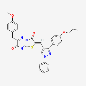 molecular formula C32H27N5O4S B12133103 (2Z)-6-(4-methoxybenzyl)-2-{[1-phenyl-3-(4-propoxyphenyl)-1H-pyrazol-4-yl]methylidene}-7H-[1,3]thiazolo[3,2-b][1,2,4]triazine-3,7(2H)-dione 