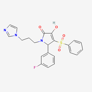 molecular formula C22H20FN3O4S B12133276 4-(benzenesulfonyl)-5-(3-fluorophenyl)-3-hydroxy-1-[3-(1H-imidazol-1-yl)propyl]-2,5-dihydro-1H-pyrrol-2-one 