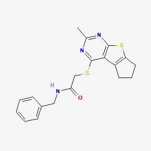 molecular formula C19H19N3OS2 B12133603 N-benzyl-2-({10-methyl-7-thia-9,11-diazatricyclo[6.4.0.0^{2,6}]dodeca-1(8),2(6),9,11-tetraen-12-yl}sulfanyl)acetamide 
