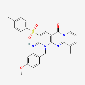 molecular formula C28H26N4O4S B12134115 3-[(3,4-Dimethylphenyl)sulfonyl]-2-imino-1-[(4-methoxyphenyl)methyl]-10-methyl-1,6-dihydropyridino[2,3-d]pyridino[1,2-a]pyrimidin-5-one 
