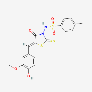 molecular formula C18H16N2O5S3 B12134158 N-[(5Z)-5-[(4-hydroxy-3-methoxyphenyl)methylidene]-4-oxo-2-sulfanylidene-1,3-thiazolidin-3-yl]-4-methylbenzenesulfonamide 